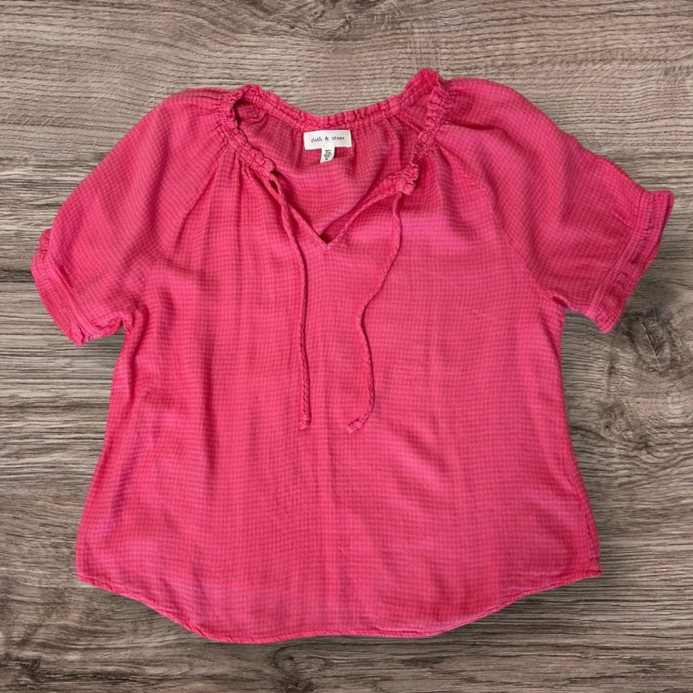 Cloth & Stone Anthropologie Short Sleeve Tie-Neck Top in‎ Pink Rose Sz M